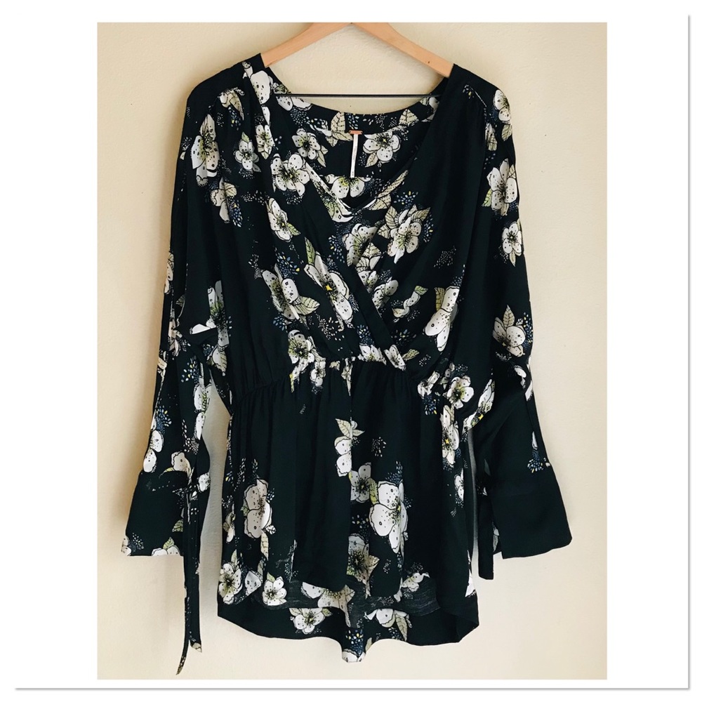 Free People Tuscan Dreams Floral Print Tunic Top Black Size Medium